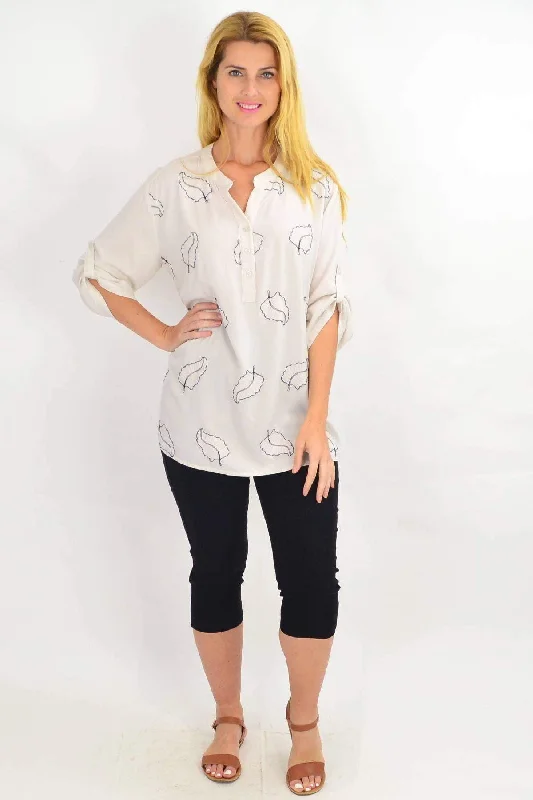 Natural Leaf Print Nehru Collar Tunic Top