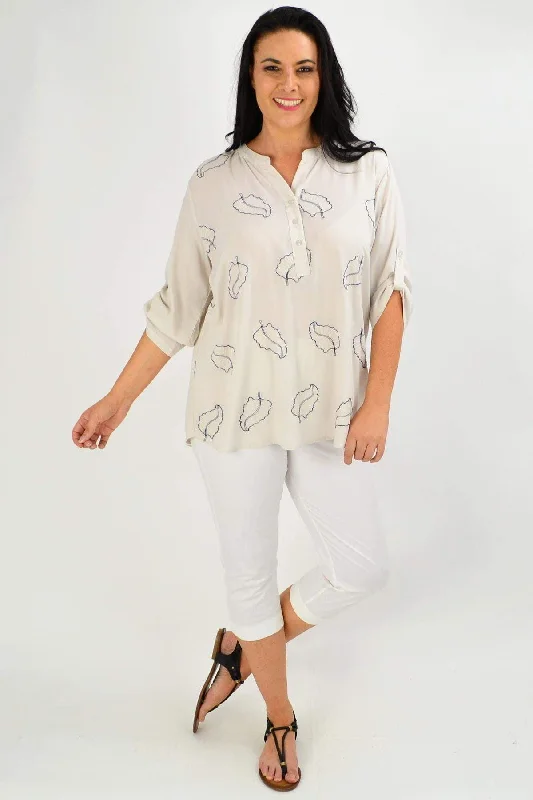 Natural Leaf Print Nehru Collar Tunic Top