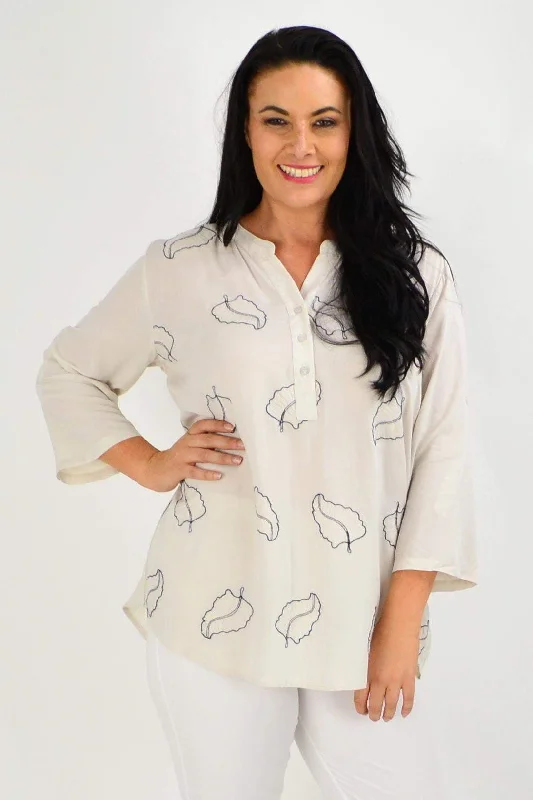 Natural Leaf Print Nehru Collar Tunic Top