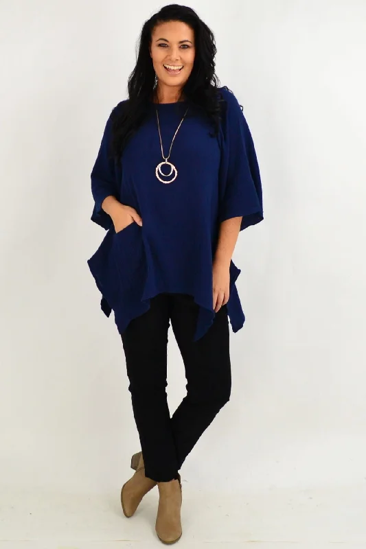 Navy Blue Cotton Pocket Tunic Top