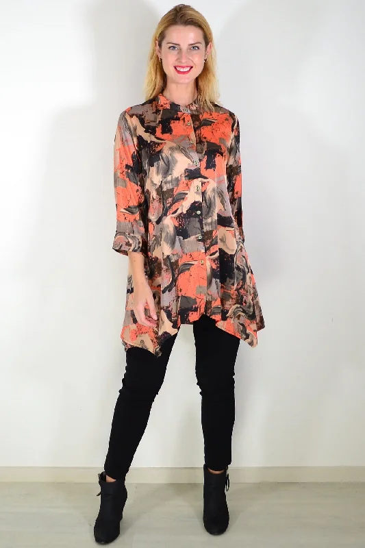 Orange Beige Satin Tunic Shirt