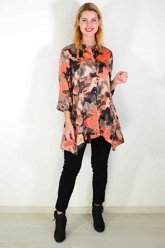 Orange Beige Satin Tunic Shirt