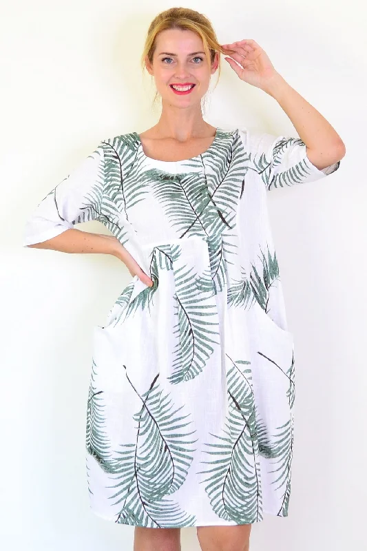 Palm Leaves Linen Blend Tunic Dress