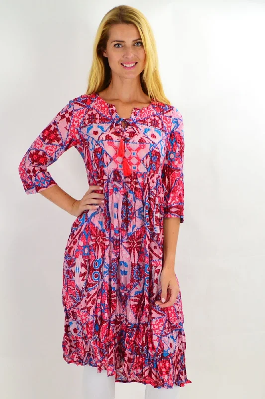 Pink Abstract Tie Neck Tunic Dress