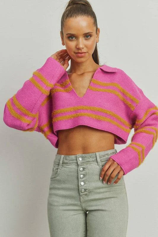 POL Skyler Soft Stripe Knit Crop Collar Top