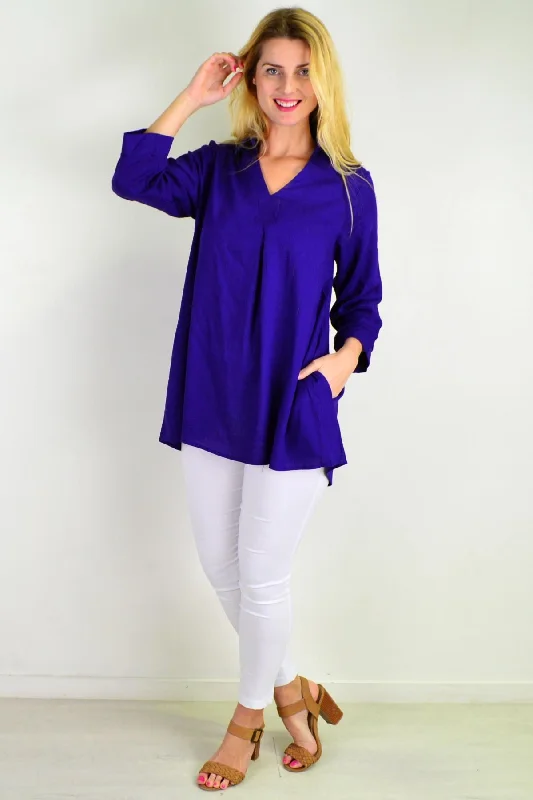 Purple Pocket Linen Cotton Tunic Top