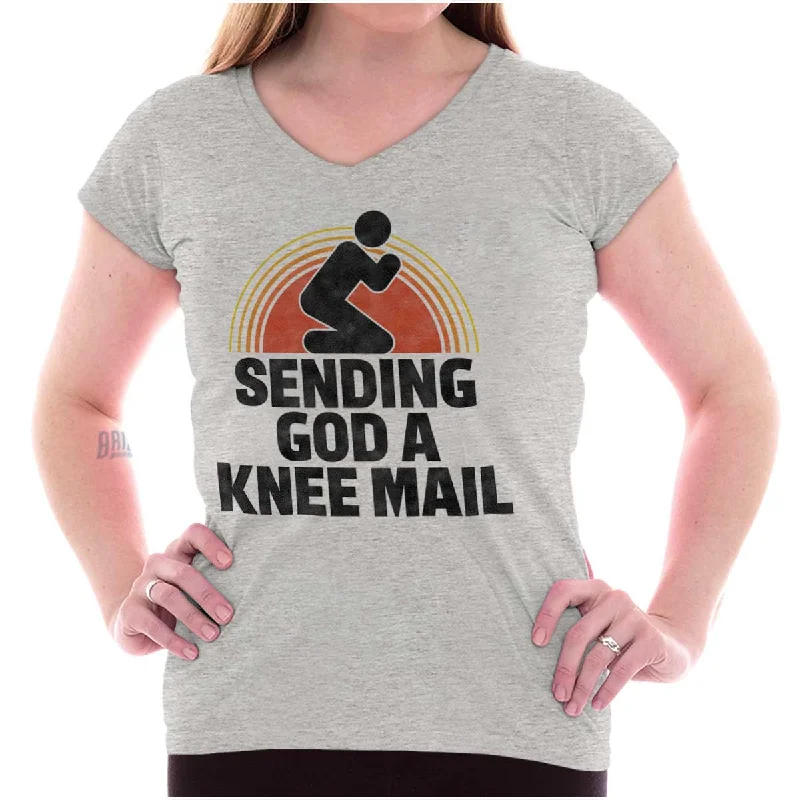 Sending God A Knee Mail Junior Fit V-Neck T Shirt