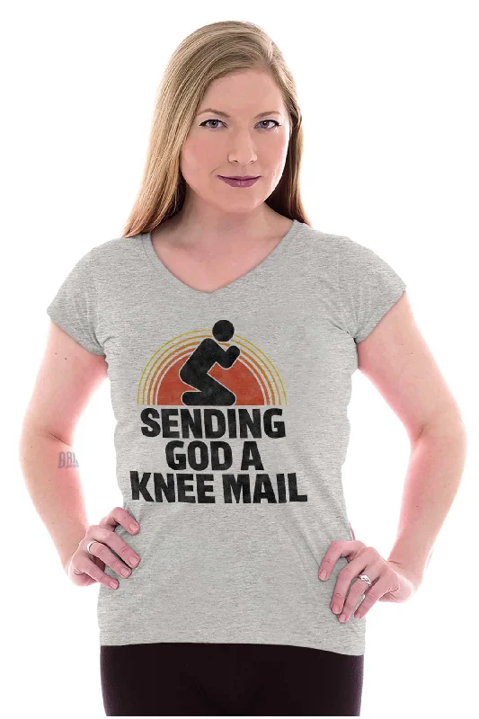 Sending God A Knee Mail Junior Fit V-Neck T Shirt