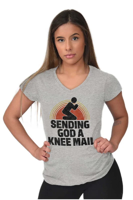 Sending God A Knee Mail Junior Fit V-Neck T Shirt