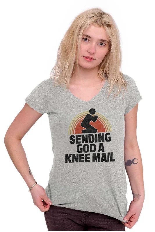 Sending God A Knee Mail Junior Fit V-Neck T Shirt