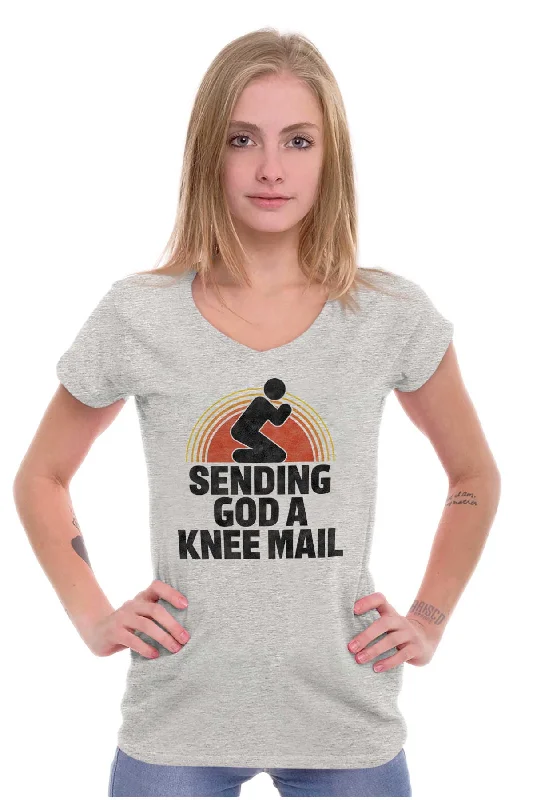 Sending God A Knee Mail Junior Fit V-Neck T Shirt