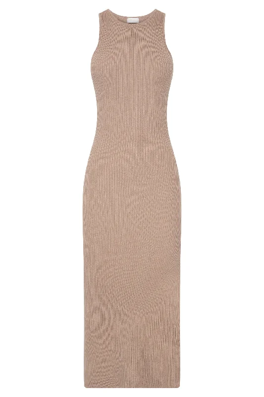 Sienna Knee Length Knit Midi Dress with Side Split - Taupe