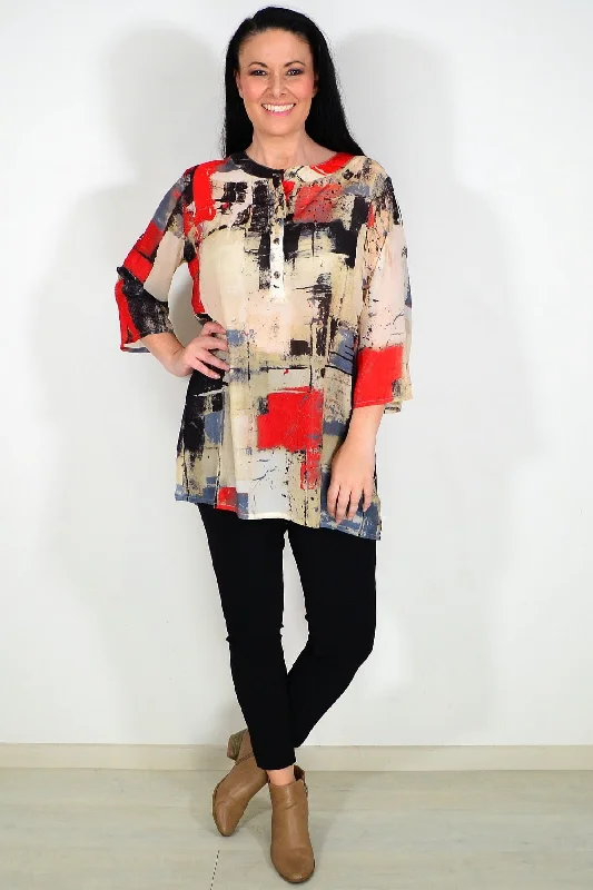 Silk Blend Red Beige Tunic Top