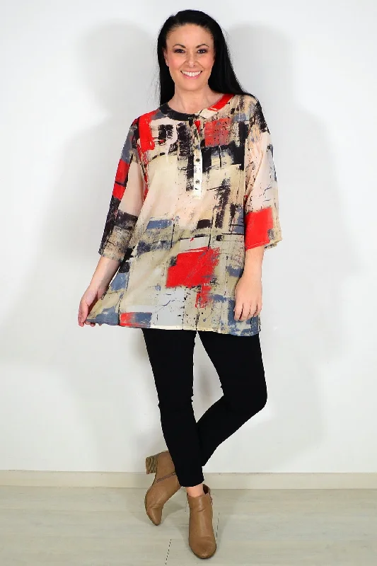 Silk Blend Red Beige Tunic Top