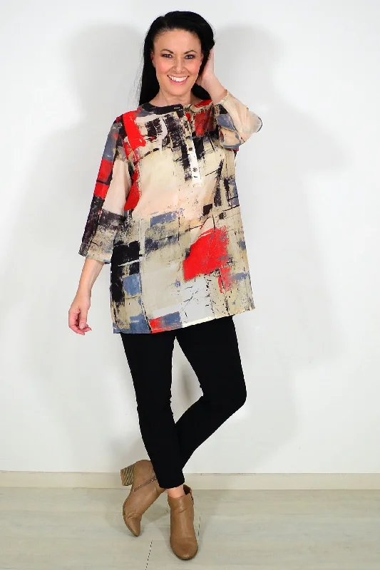 Silk Blend Red Beige Tunic Top