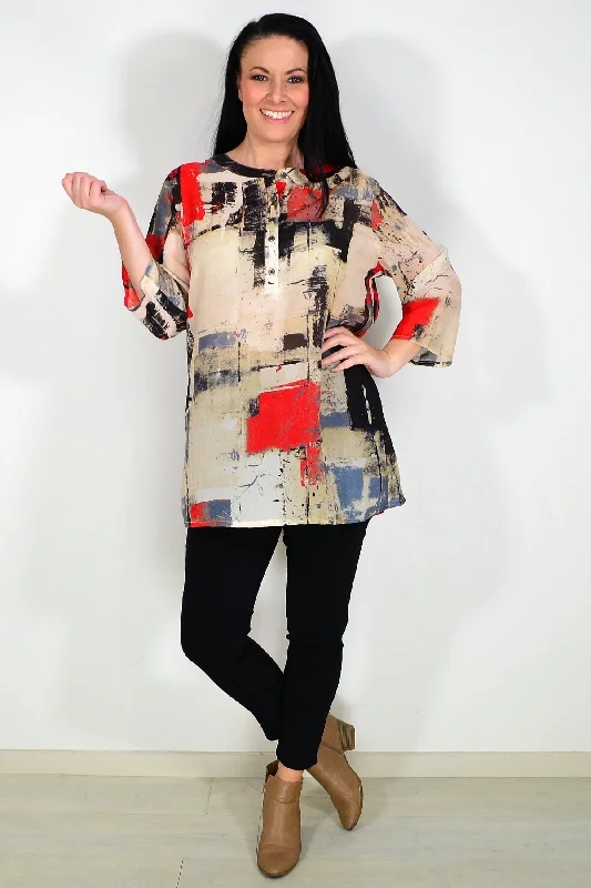 Silk Blend Red Beige Tunic Top