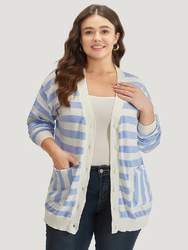 Striped Button Down Patched Pocket Cardigan