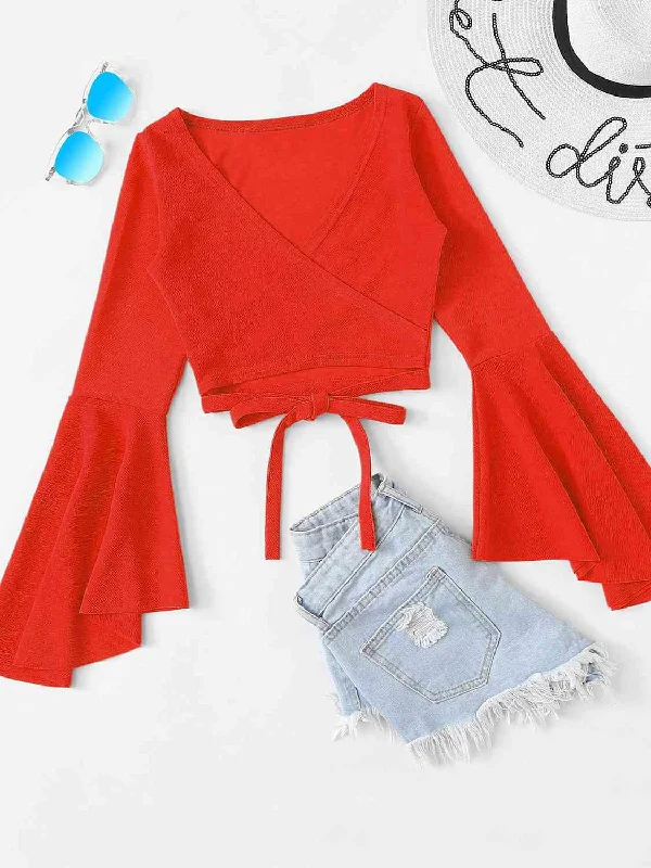 BerryBetty - Tied Flare Sleeve Crop Top