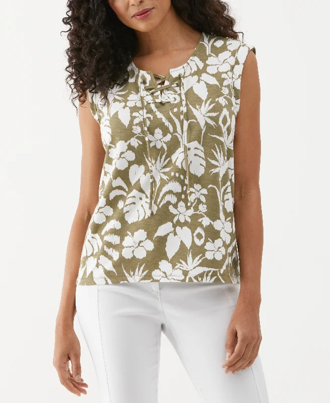 Tropical Print Lace-Up Tank Top