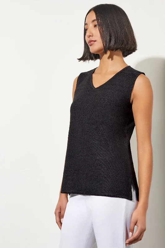 V-Neck Textured Soft Knit Tank Top, Black