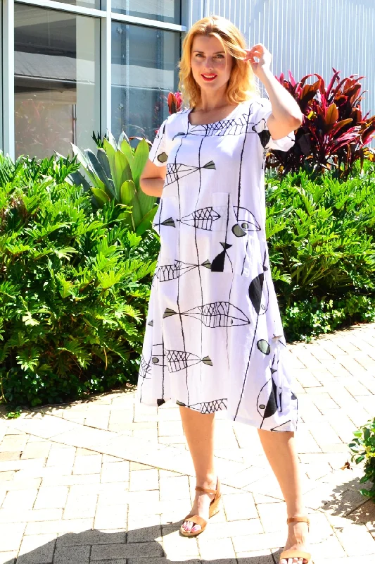 White Linen Cotton Print Tunic Dress