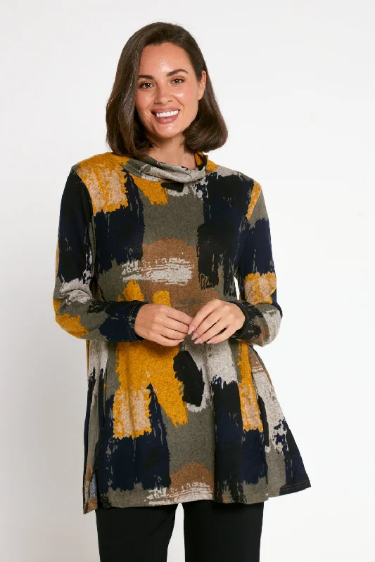 Lina Cowl Knit Tunic - Mustard Print