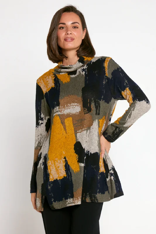 Lina Cowl Knit Tunic - Mustard Print