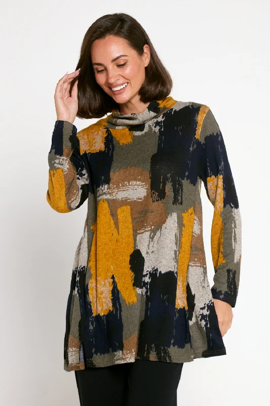 Lina Cowl Knit Tunic - Mustard Print