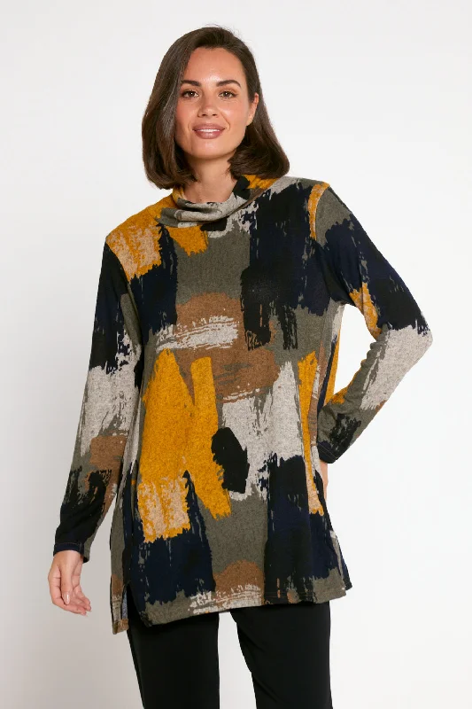 Lina Cowl Knit Tunic - Mustard Print