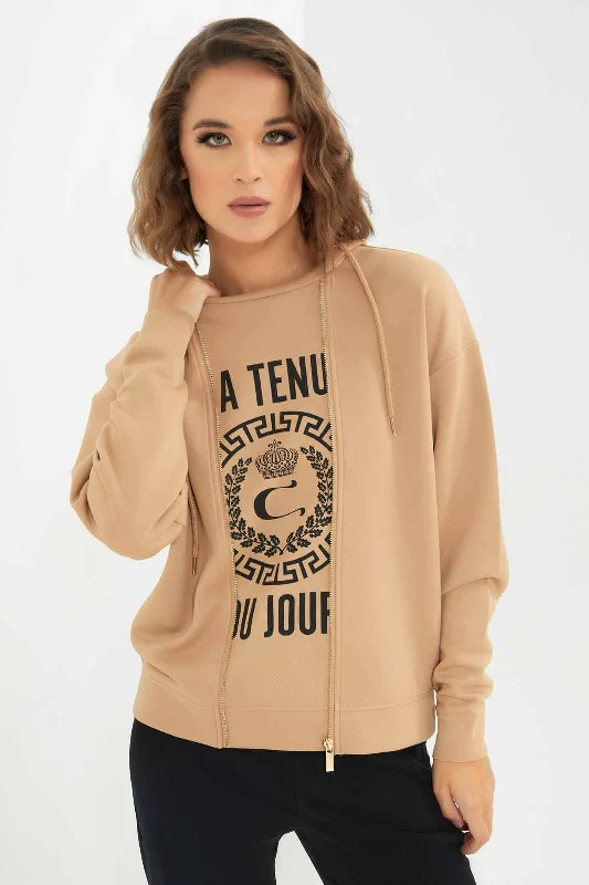 Women Beige Hoodeed Sweatshirt