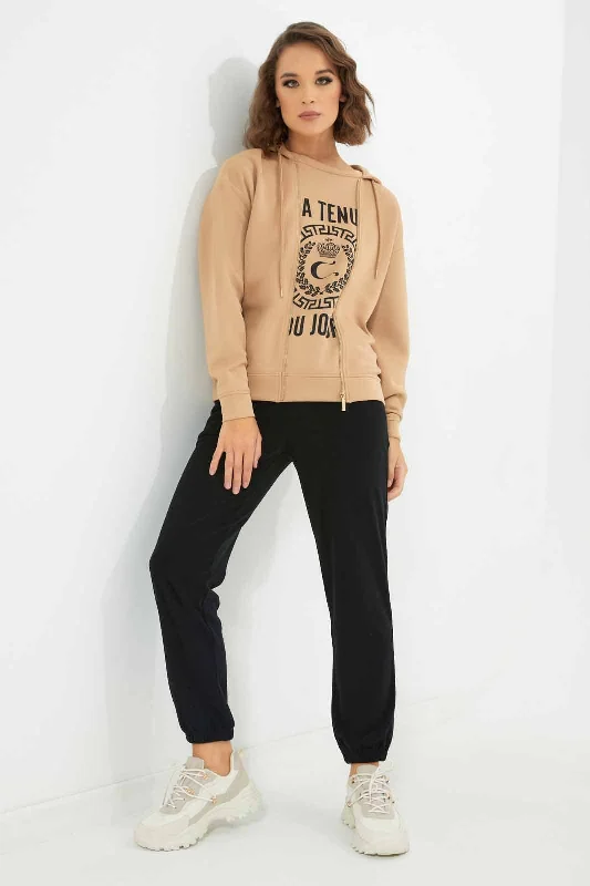 Women Beige Hoodeed Sweatshirt