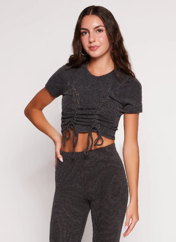 Ribbed Knit Ruched Lace Up Crop Top