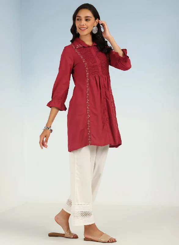 Brick Red A Line Tunic with Smocking Front and Classic Collar