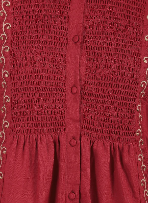 Brick Red A Line Tunic with Smocking Front and Classic Collar