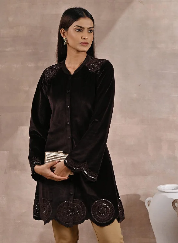 Brown Velvet Tunic with Cut Work & Hand Embroidery