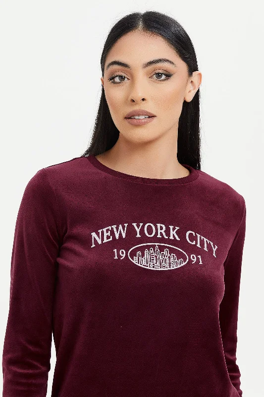 Women Burgundy Velour Sweatshirt