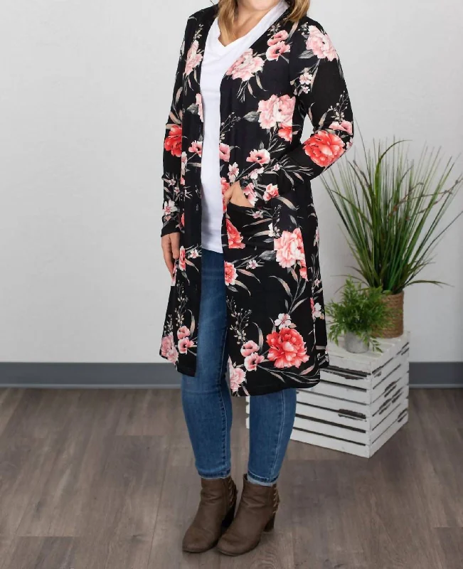 Colbie Cardigan In Black And Pink Floral