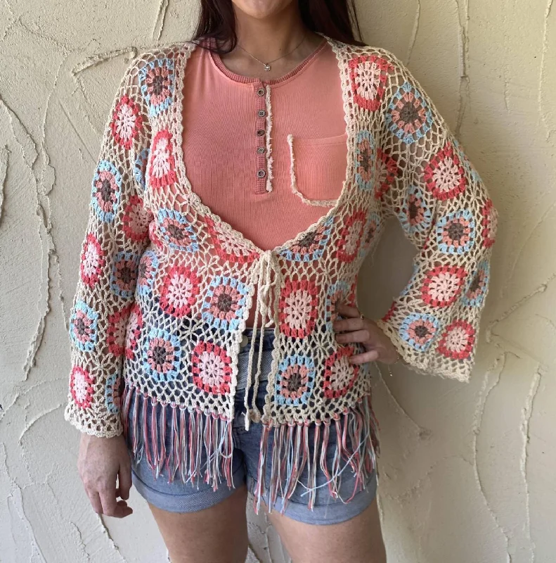 Crochet Square Patchwork Cardigan In Multi Color