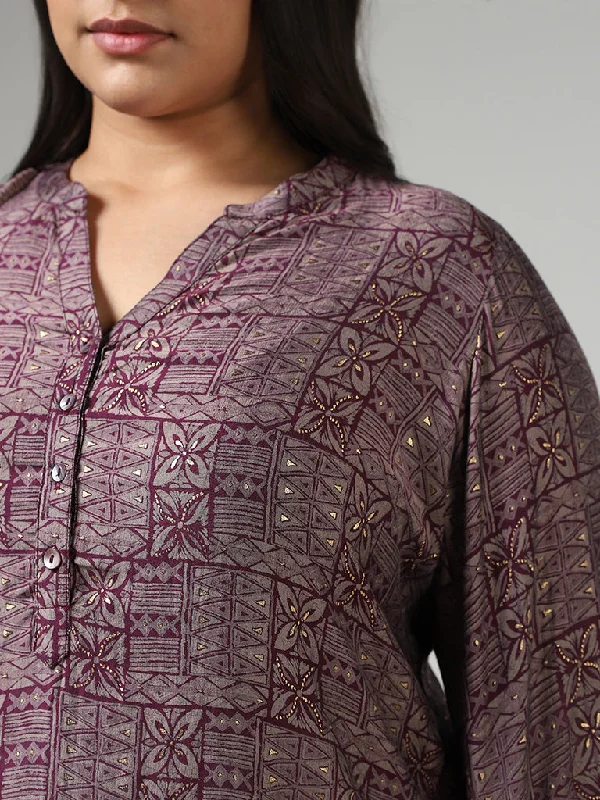 Diza Purple Geometric Patchprinted Kurti