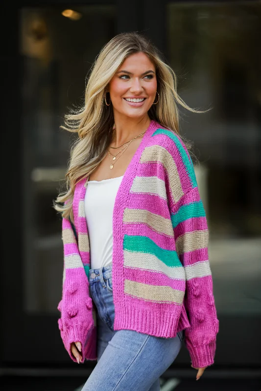 FINAL SALE - Easygoing Style Fuchsia Striped Sweater Cardigan