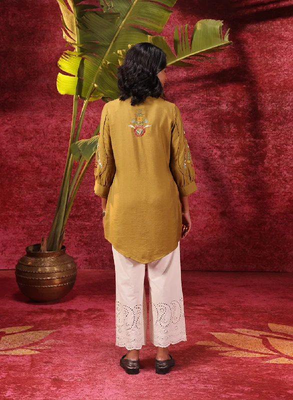 Hania Chartreuse Embroidered Cotton Silk Shirt for Women