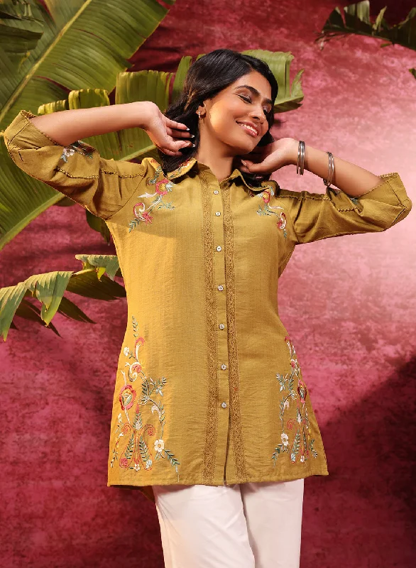 Hania Chartreuse Embroidered Cotton Silk Shirt for Women