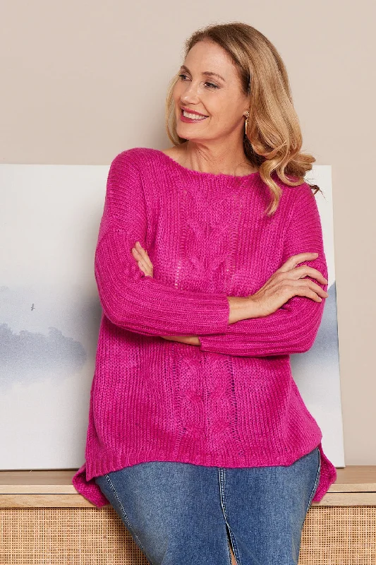 Henley Cable Knit Jumper - Hot Pink