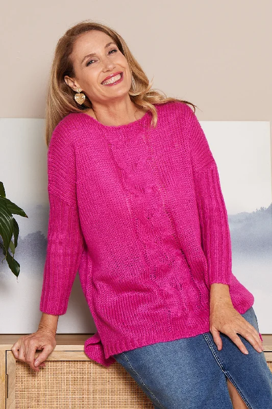 Henley Cable Knit Jumper - Hot Pink