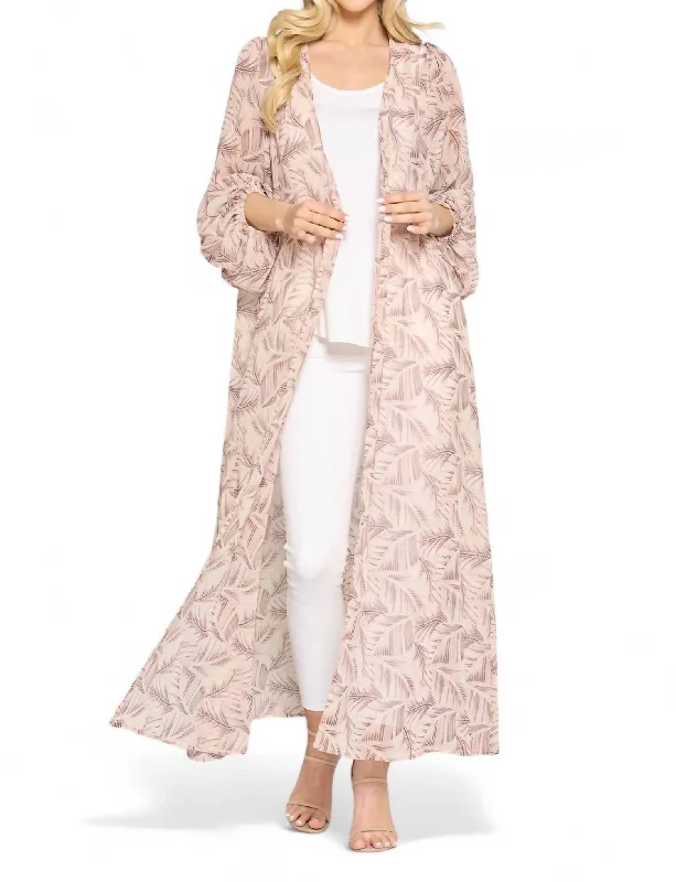 Hilda Bubble Sleeve Kimono Duster In Pink/brown/ivory