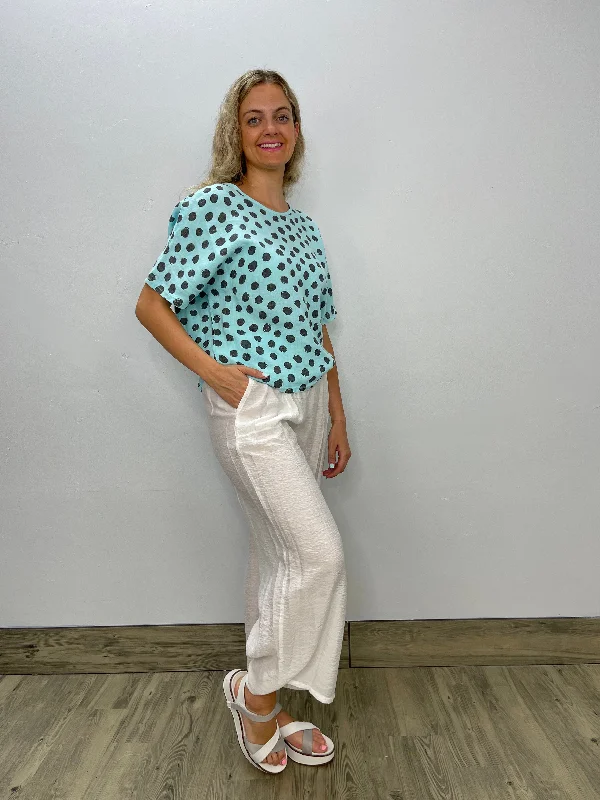 Ice Blue Polka Dot Linen Short Sleeve Oversize Top