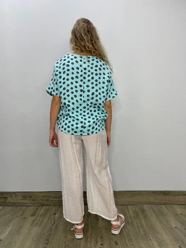 Ice Blue Polka Dot Linen Short Sleeve Oversize Top