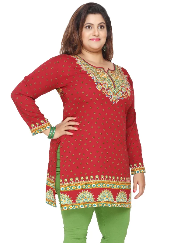 India Tunic Top Kurti Womens Printed Plus Size Indian Clothes (Red)