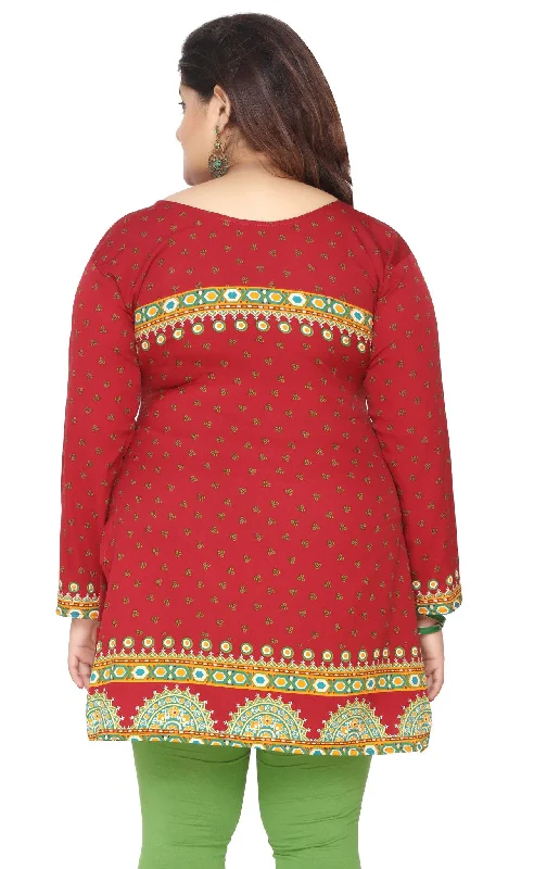 India Tunic Top Kurti Womens Printed Plus Size Indian Clothes (Red)