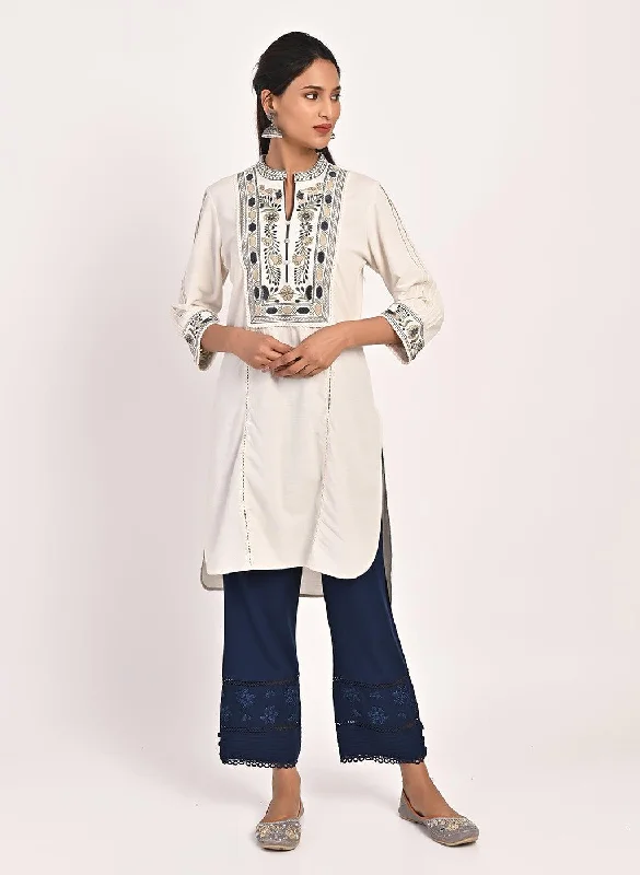 Ivory Embroidered Band Collar Tunic with Front Yoke Embroidery